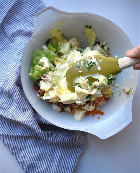 In this healthy and creamy potato salad recipe, yogurt replaces half of the mayo and we keep the potato skins on for more fiber and potassium. the BEST Deviled Egg Potato Salad with Bacon ⋆ NellieBellie
