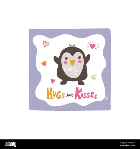 Cute Penguin With Hand Drawn Lettering Hugs And Kisses Doodle Kawaii