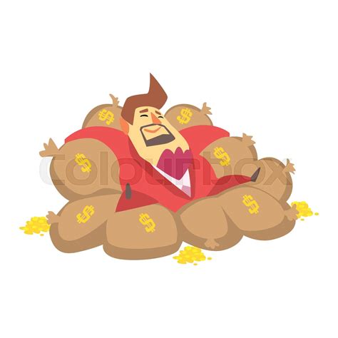 Millionaire Rich Man Laying On Money Bags Filled With Golden Coins