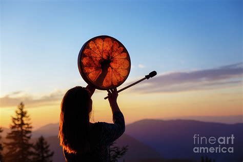 Beautiful Shamanic Girl Playing On Shaman Frame Drum In The Nature