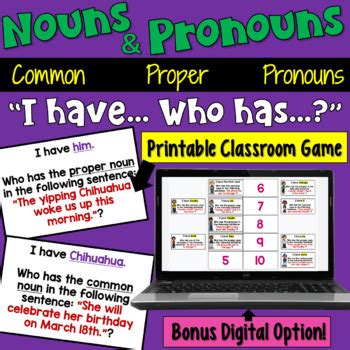There are several types including personal pronouns, relative pronouns and indefinite pronouns e.g: Nouns I Have Who Has Game (Common Nouns, Proper Nouns ...