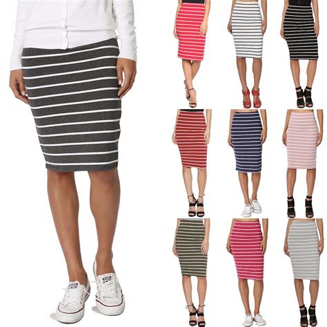 Themogan Womens Basic Striped Stretch Cotton Elastic Waist Knee Length Pencil Skirt Women Skirts