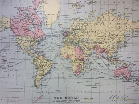1904 Original Antique World Map 10 X 12 Inches Mercators Projection