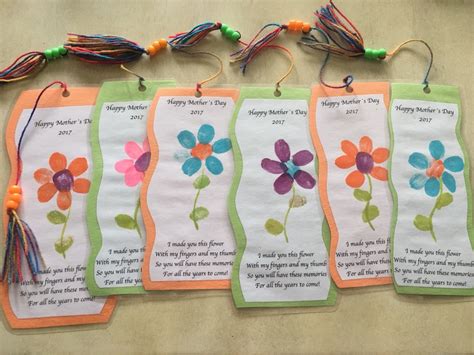Mothers Day Bookmark Fingerprint Flowers Homemade Tassels Easy Diy