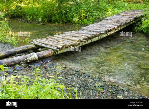 Wooden Bridge Over A Small River Forest Stock Photo Alamy