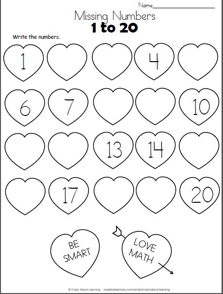 Valentines Day Missing Numbers To 20 Made By Teachers Kindergarten