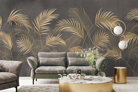 Golden Grey Palm Leaves Wall Mural Wall Murals Golden Living Room