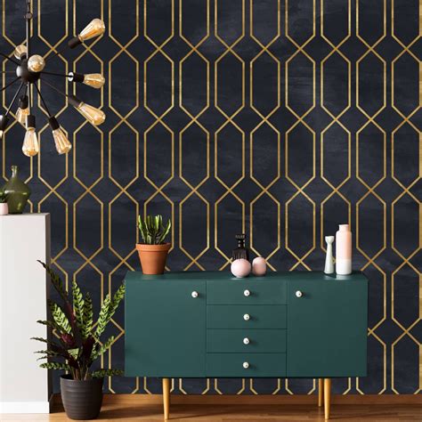 Art Deco Geometric Black And Gold Wallpaper Removable Peel And Stick