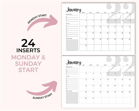 2022 Monthly Calendar Printable Instant Download Horizontal Etsy Canada