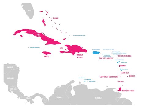 Flat Political Map Of The Caribbean With Highlighted States And