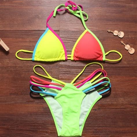 8357810 Neon Color Triangle Padded Strappy Halter Bikinis On Luulla