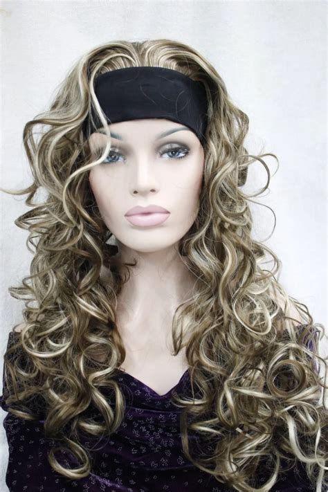 Dd002741 Cute 3 4 With Headband Light Brown Blonde Highlight Curly Long Half Wigs Wig Blond Wig
