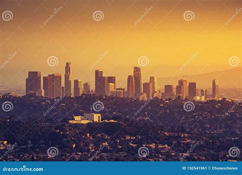 Downtown Los Angeles Skyline At Sunset Stock Image Image Of Highway