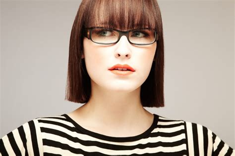 Brunette Woman Blunt Short Hair Bangs Fringe Glasses Stripes Our