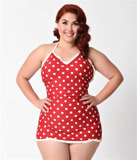 Bettie Page Plus Size S Style Red Ivory Dotted Halter Swimsuitdress ShopStyle