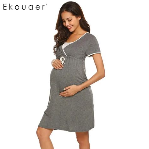 Ekouaer Maternity Nightgown Women Sleepshirts Dress Casual Solid Nursing Breastfeeding