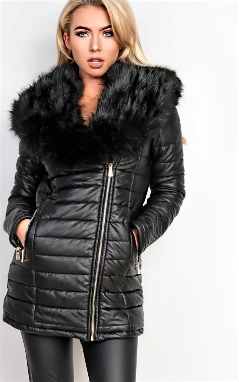 Womens Ladies Faux Fur Collar Padded Leather Jacket Ebay