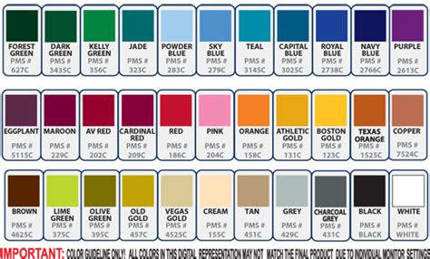 Pantone Polo Shirt Colour Guide