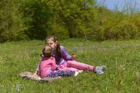 Two Sisters Had A Picnic In A Green Meadow Stock Photo Image Of