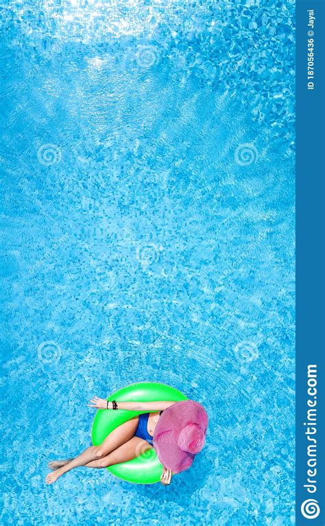 Beautiful Woman In Hat In Swimming Pool Aerial View From Above Young