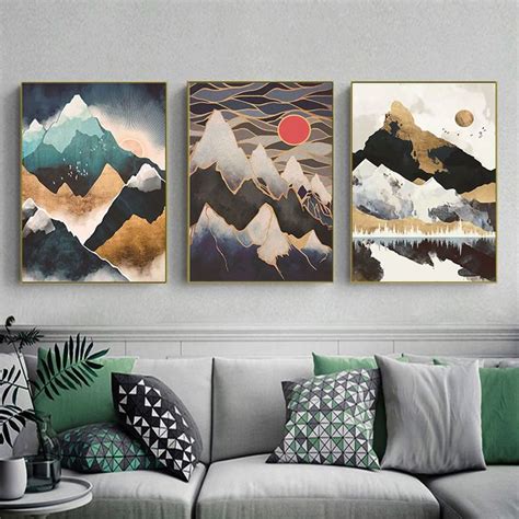 Nordic Abstract Geometric Mountain Landscape Art Canvas Painting