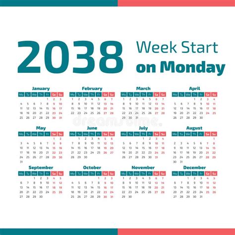 2038 Calendar With The Weeks Start On Sunday Stock Vector