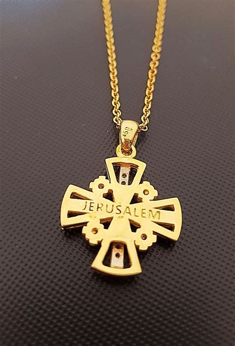 Jerusalem Cross Necklace In Yellow Gold And Diamonds Handmade Israeli