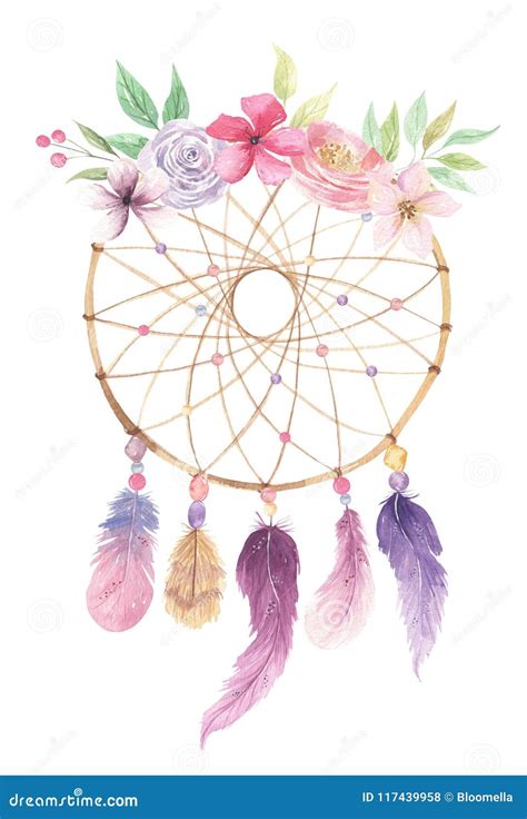 Watercolor Bohemian Dreamcatcher Flowers Pink Feathers Berries Leaves