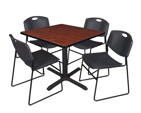 Cain 36 Square Breakroom Table Cherry And 4 Zeng Stack Chairs Black