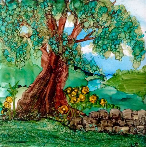 Summer Tree And Wall Alcohol Ink On Tile By Lin Crocco Alcohol Ink
