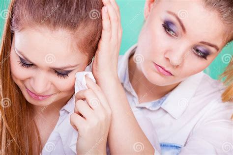 Sad Woman Crying And Being Consoled By Friend Stock Photo Image Of