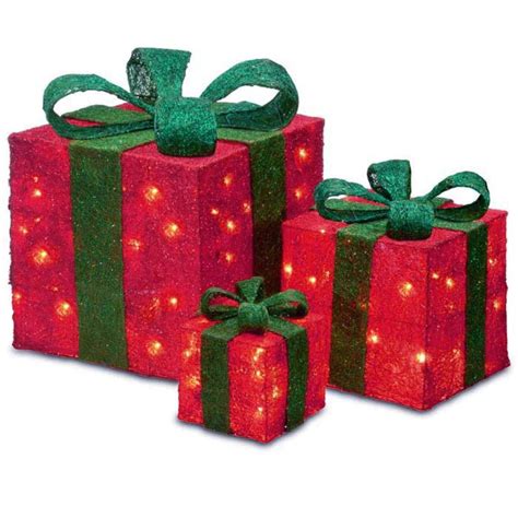 Set Of 3 Sparkling Red Sisal T Boxes Lighted Christmas Outdoor
