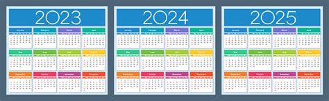Kalender Warnawarni Untuk Tahun 2023 2024 Dan 2025 Minggu Dimulai Pada