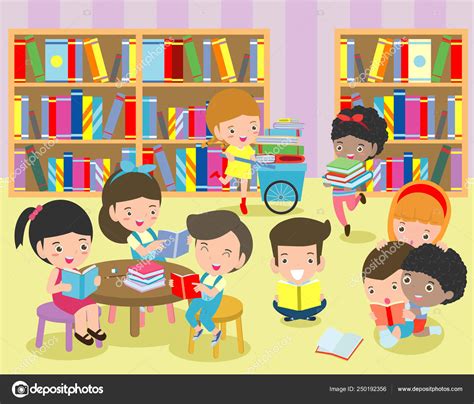Happy Kids Reading Book Library Cute Children Reading Books Happy Stock