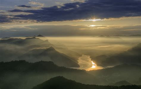 Landscape Nature Mist Sunrise Mountain River Sun Rays Valley