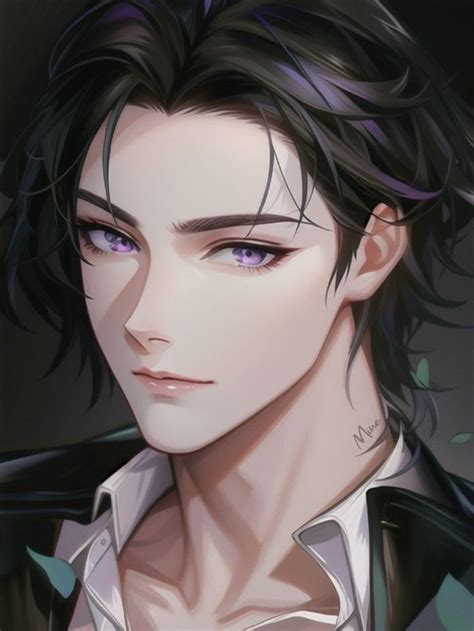 An Anime Character With Purple Eyes And Black Hair