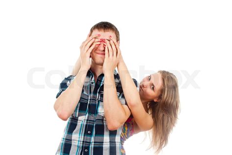 Girl Closes Her Eyes Guy Stock Image Colourbox