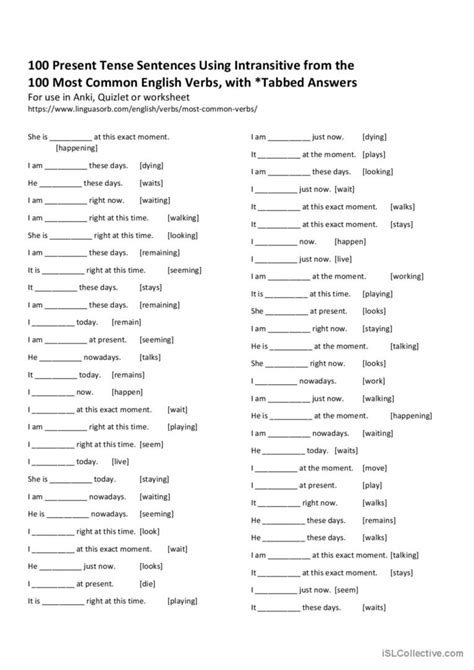 100 Present Tense Sentences Using In English Esl Worksheets Pdf And Doc