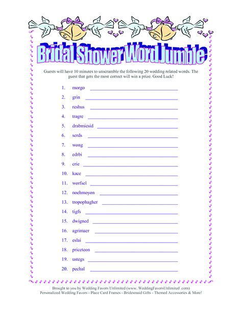 Free Printable Bridal Shower Games Word Scramble Free Printable