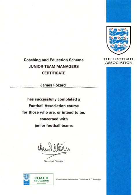Fa Junior Team Managers Certificate 110301