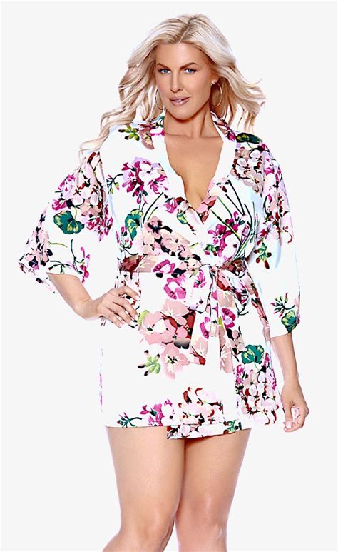 Floral Satin Kimono Robe Plus Size Elegant Moments Lingerie