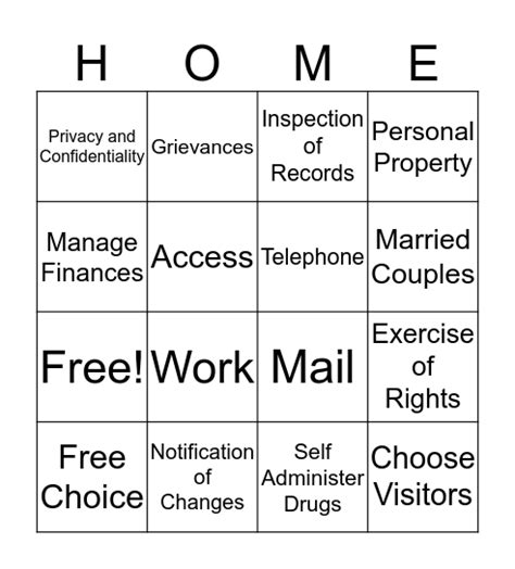 Resident Rights Bingo Card