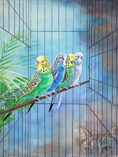 Budgies Original Oil Painting On Canvas Pet Parakeets Portrait