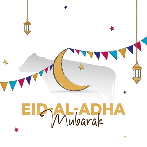 Eid Al Adha Calligraphy Design With Moon And Lamp Flat Illustration
