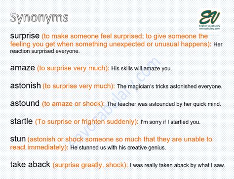 Find useful information for every word or common phrase. surprise synonym - English Vocabulary - envocabulary.com