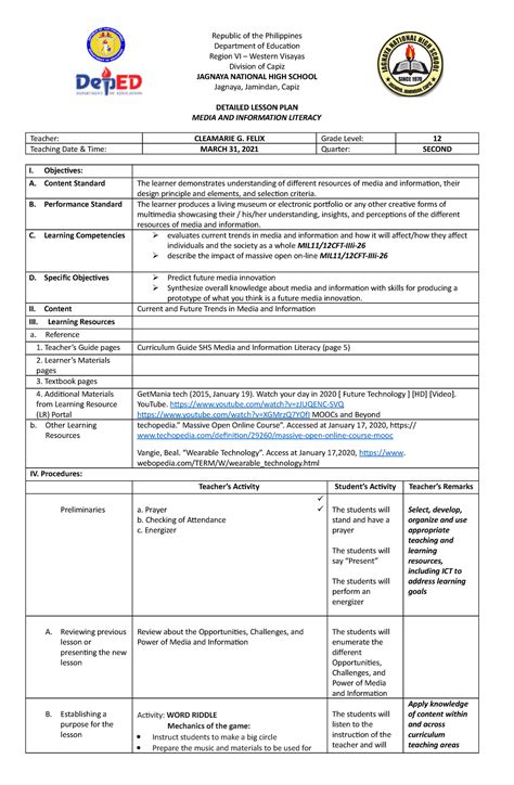 Lesson Plan In Media And Information Literacy Republic Of The Philippines Department Of