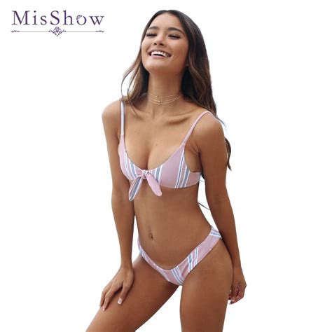 Misshow 2019 Straps Bikini Pink Striped Printed Swimwears Female