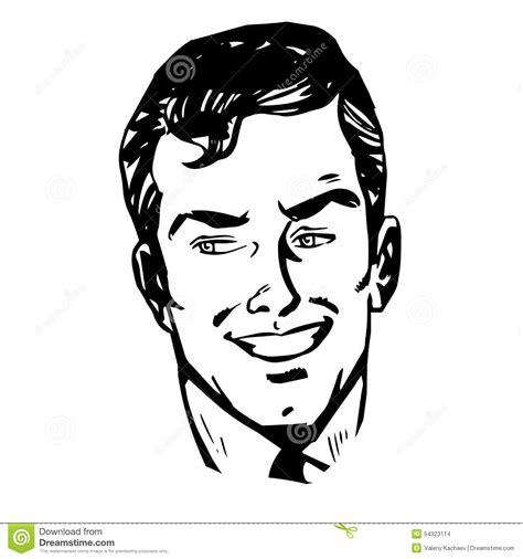 Smiling Man Face Retro Line Art Stock Illustration