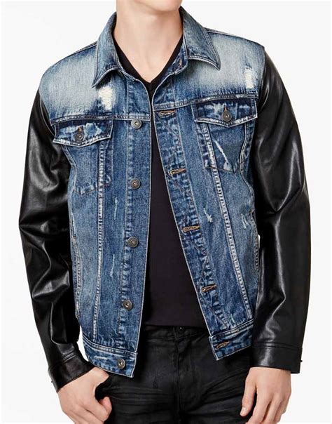 Explore our collection of designer jackets at farfetch. Blue Denim Jacket Mens | Faux Leather Black Sleeves