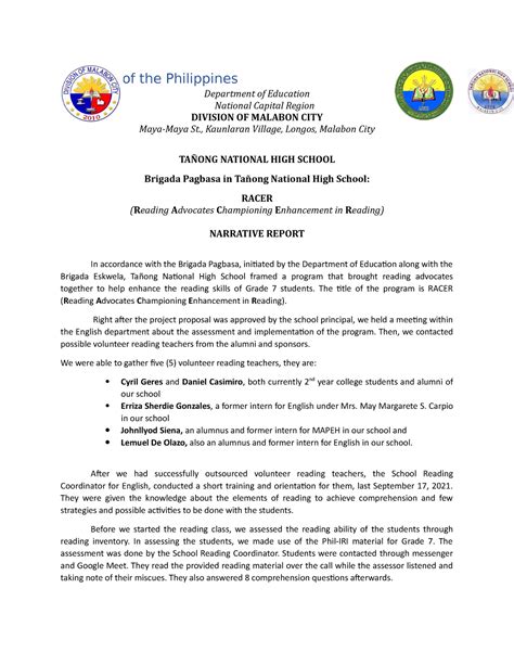 Narrative Report Brigada Pagbasa 2021 Republic Of The Philippines